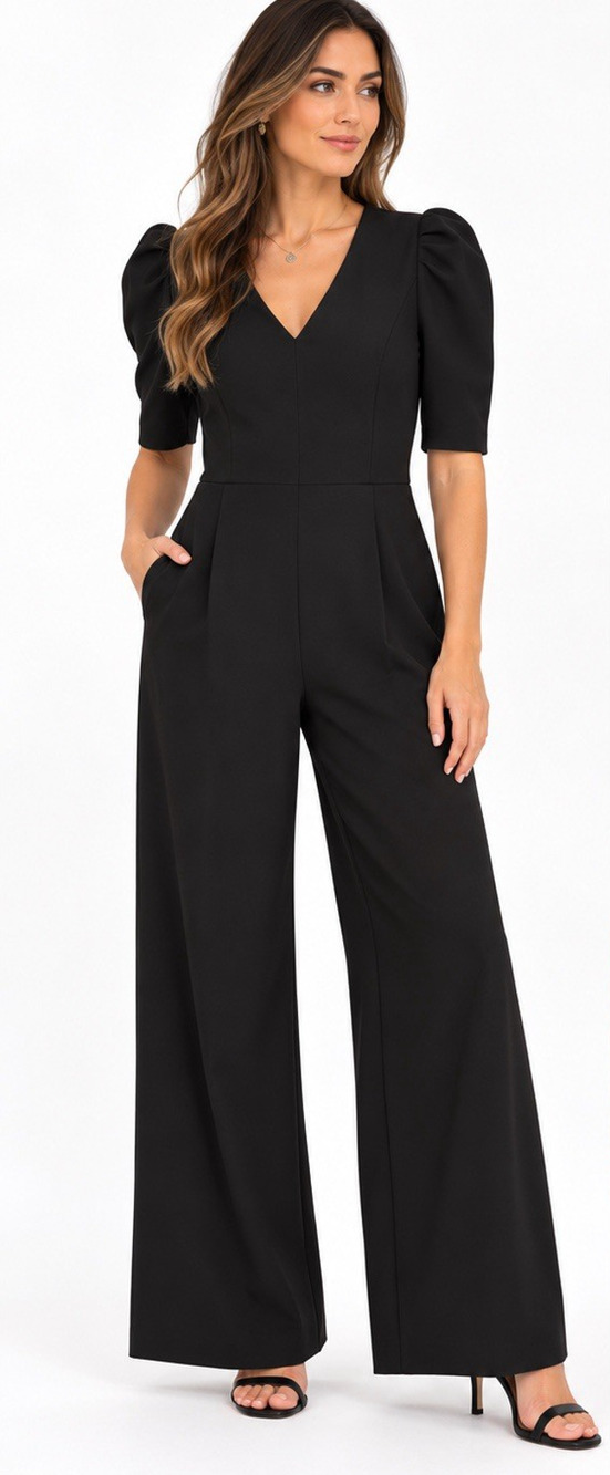 TOMMY HILFIGER BLACK PUFF SLEEVE WIDE LEG JUMPSUIT WOMENS SIZE 12